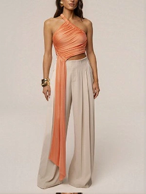 Ribbons One-shoulder Ruched Tanks