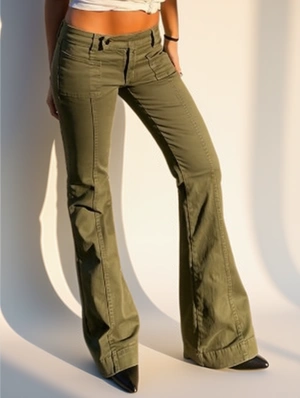 Metal Buckle Flare Leg Low Rise Pants