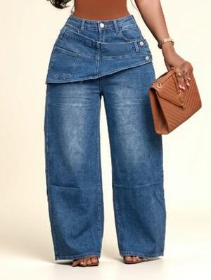 Asymmetric Layered Denim Wide Leg Jeans