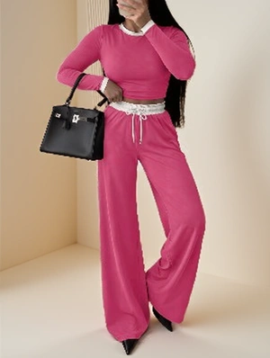 Contrast Color Ribbed Long Sleeve Top Pants Set