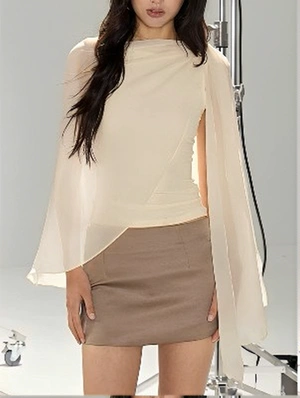  Chiffon Shawl Asymmetric Long Sleeve Top