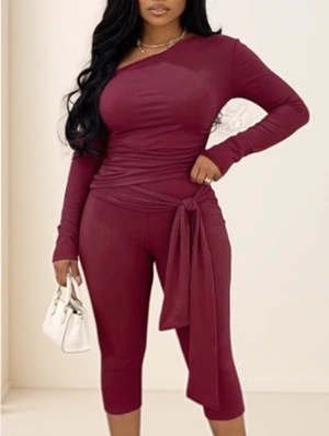 Inclined Shoulder Lace-Up Capri Pants Sets