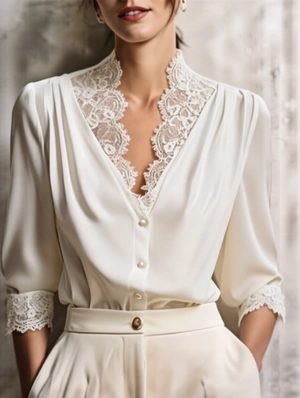Lace Detail V Neck Pure Color T-shirts