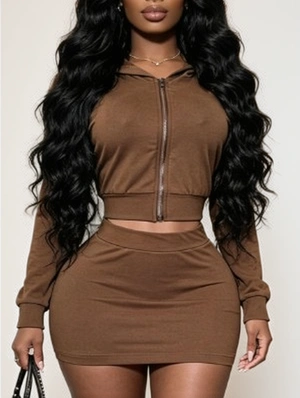 Solid Cropped Zipper Hooded Skirt Sets
