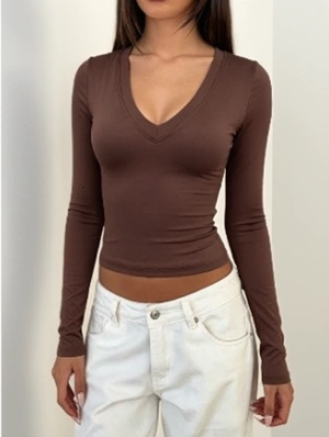 Plain V Neck Bodycon Long Sleeve Tops