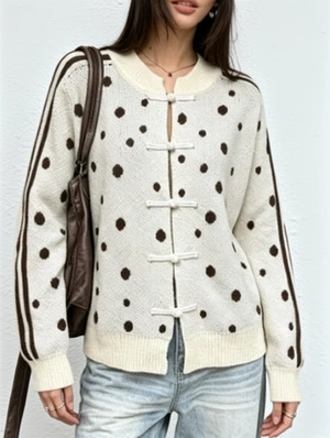 Polka Dots Striped Trim Knitted Cardigan