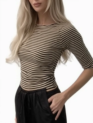 Elastic Half‑Sleeve Striped Crop Tee