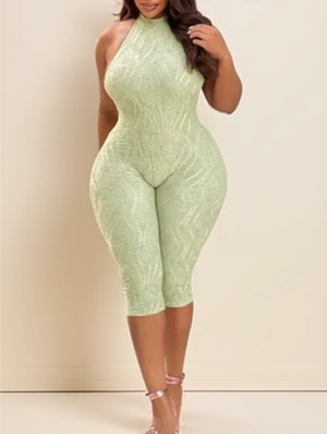 Texture Halter Backless Lace-Up Rompers