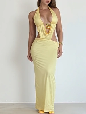 Metal Decor Halter Backless Lace-Up Maxi Dress