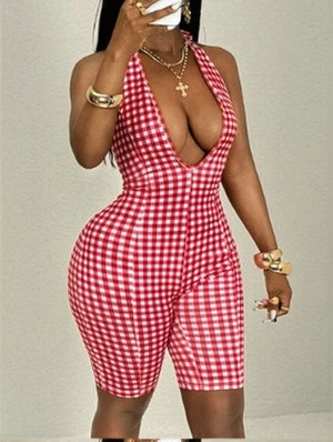 Plaid Halter Backless V Neck Rompers