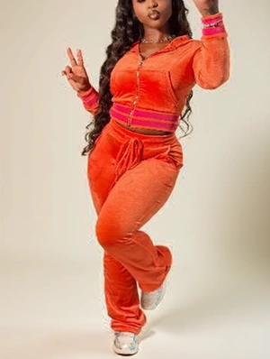 Striped Trim Velour Zipper Cropped Tracksuits