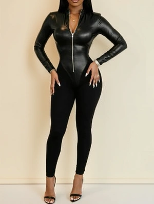 Leather Patch Zipper Skinny Jumpsuits