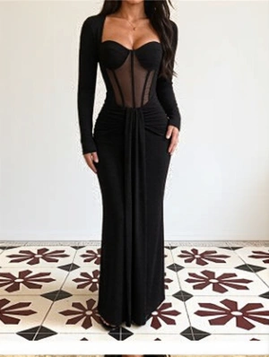 Patchwork Long Sleeve Sheath Dress