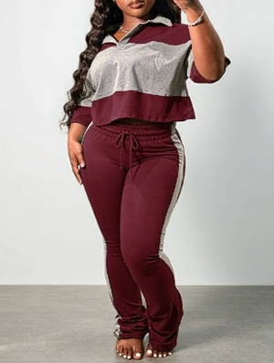 Contrast Striped Polo Flared Pant Sets