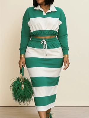 Contrast Striped Polo Cropped Skirt Sets