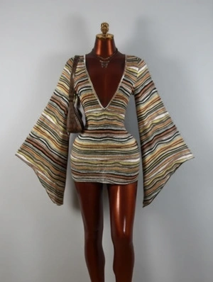 Striped Deep V Neck Backless Mini Dress