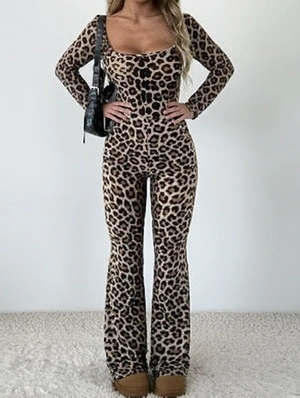 Fitted Bodycon Square Neck Leopard Print Jumpsuit