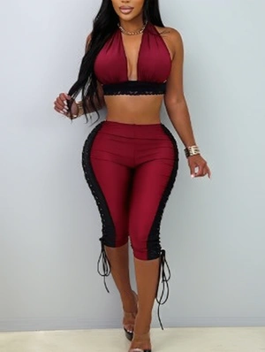 Lace Panel Halter Tie-wrap Knee Shorts Sets