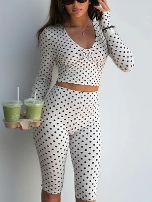 Sexy Polka Dot V Neck Fitted Long Sleeve Top Set