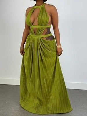 Ruched Halter Backless Maxi Dress