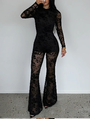 Chic Sheer Floral Mesh Turtleneck Flared Jumpsuit