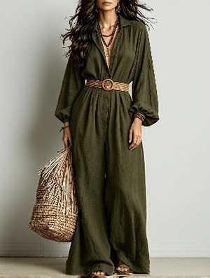 Boho Button Down Puff Sleeve Belted Jumpsuit
