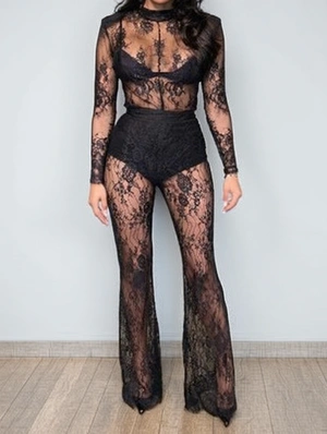 Floral Lace Detail Sheer Flared Jumpsuits