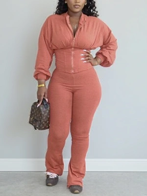 Plain Bodycon Zipper Coats Flared Pant Sets