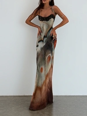 Abstract Lace Panel Sleeveless Maxi Dress