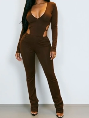 Deep V Neck Hollow-out Fitted Jumpsuits