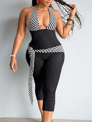 Striped Halter V Neck Backless Lace-Up Rompers