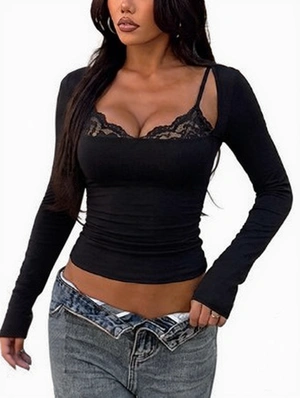 Lace Trim Long Sleeve Ruched Crop Top