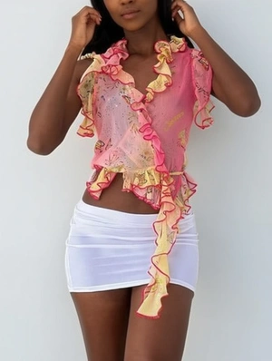 Gauze Ruffle Lace-Up Blouses