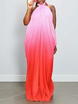 Gradient Ruched Halter Sleeveless Maxi Dress