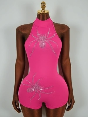 Spider Embellished Halter Backless Rompers