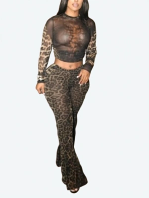 Leopard Gauze Sheer Cropped Pant Sets