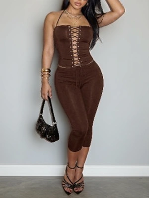 Halter Backless Lace-Up Capri Pants Sets