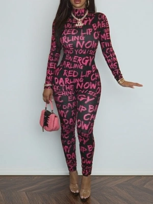 Letter Graffiti Mock Neck Skinny Jumpsuits