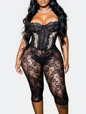 Leopard Corset Lace Sheer Capri Pants Sets