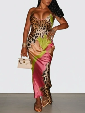 Leopard V Neck Sleeveless Maxi Dress