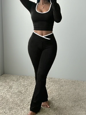 Colorblock U Neck Cropped Flared Pant Sets
