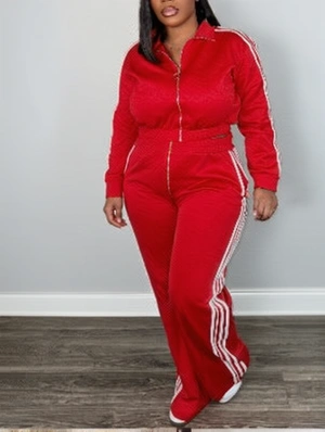 Striped Trim Zipper Lapel Casual Pant Sets