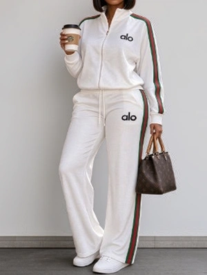 Contrast Striped Trim Zipper Coats Pant Sets