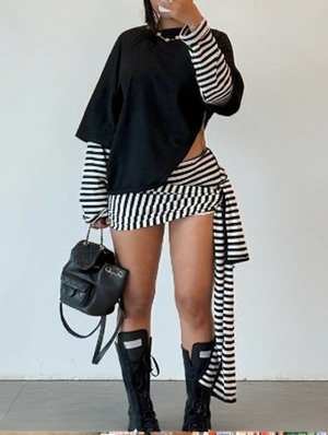 Striped Loose Ribbons Lace-Up Short Sets