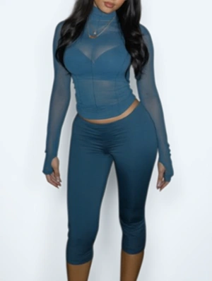 Gauze Sheer Mock Neck Cropped Short Sets