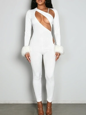 Hollow-out Bandage Fur Trim Jumpsuits