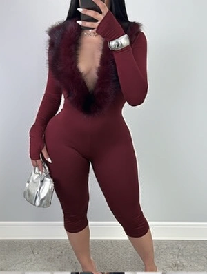 Fur Trim V Neck Bodycon Capri Rompers