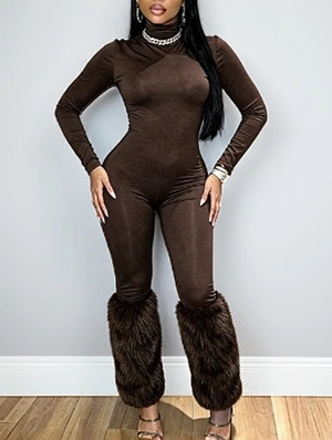 Highneck Bodycon Fur Trim Jumpsuits
