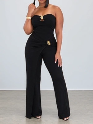 Metal Decor Strapless Flared Jumpsuits