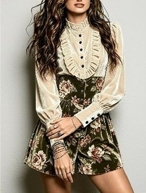 Elegant Velvet Ruffle Neck High Waist Two Piece